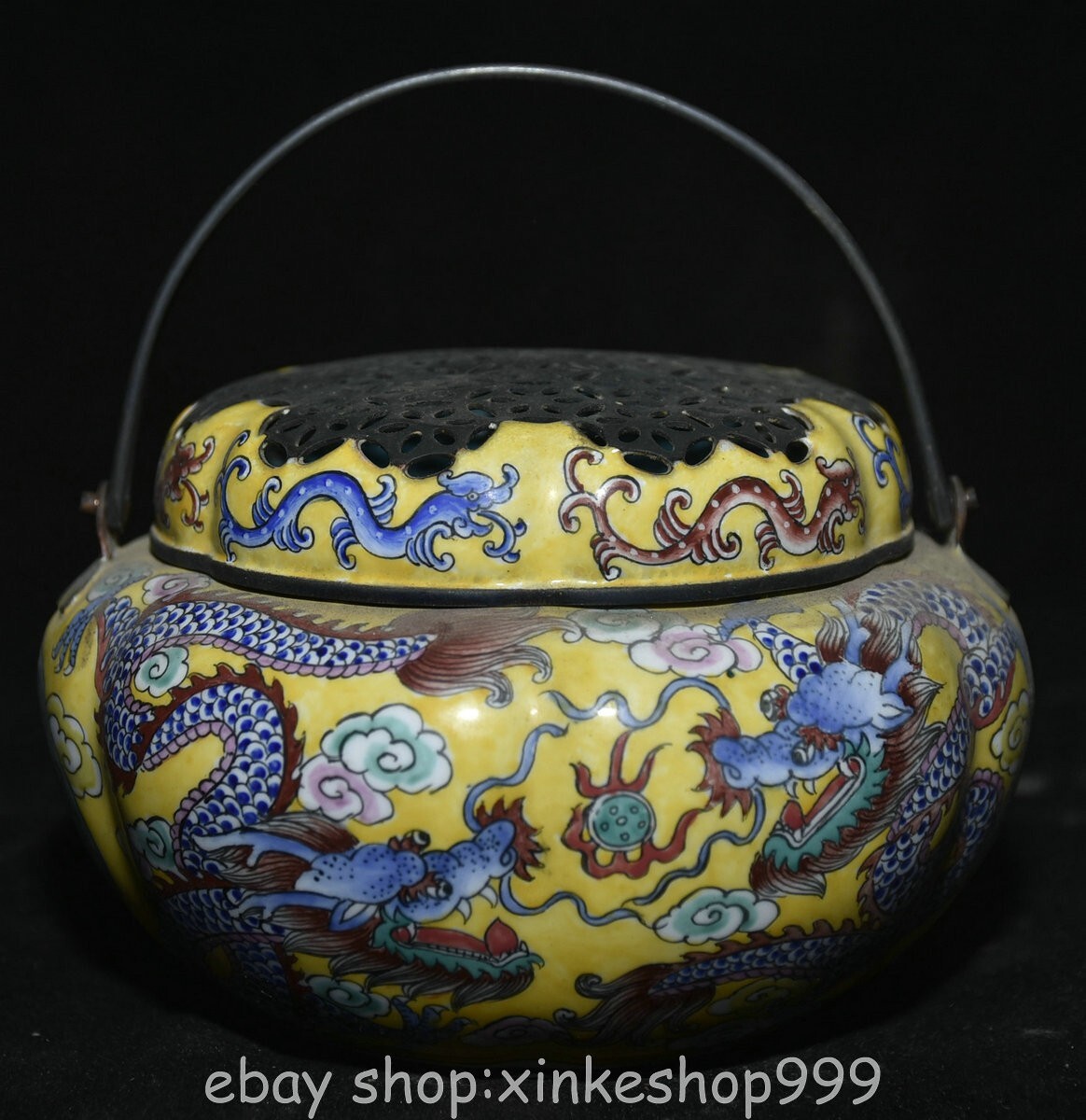4.6" Qing Qianlong Chinese Famille rose Porcelain Double Dragon incense burner