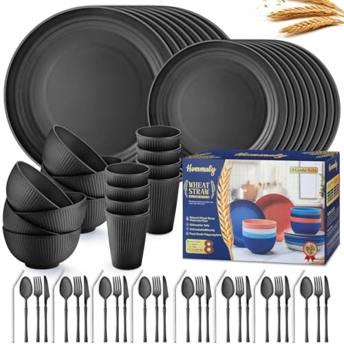 Wheat Straw Dinnerware Sets,64-Piece Black Plates and 64 Piece-for 8 D8-Black