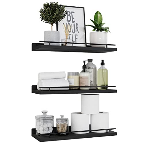  Floating Shelves with Metal Guardrail, Shelves for Wall Decor 15.7 inch Black