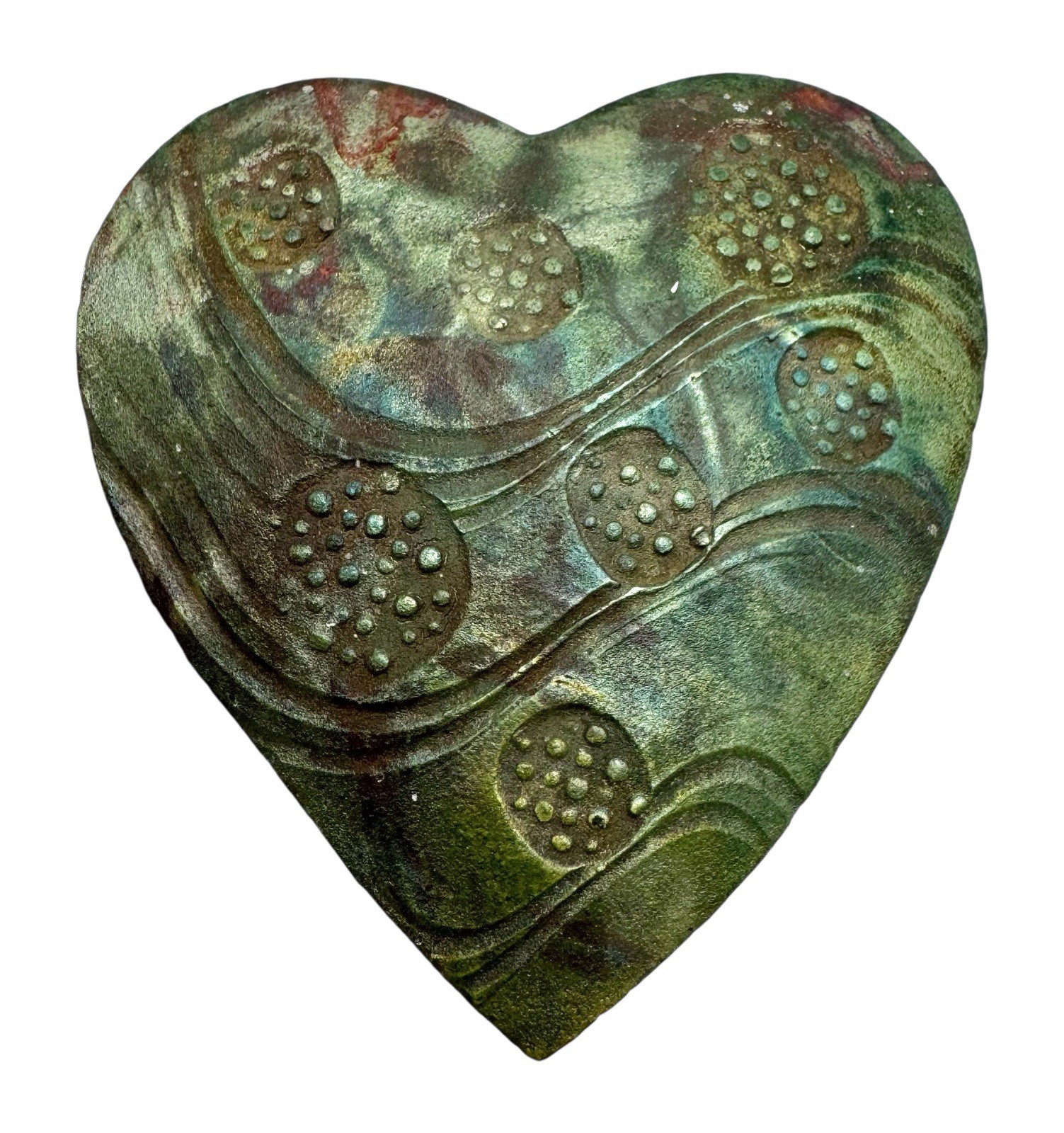 Signed Raku Studio Art Pottery Heart Wall Hanging Green Wave Pattern 4.5”
