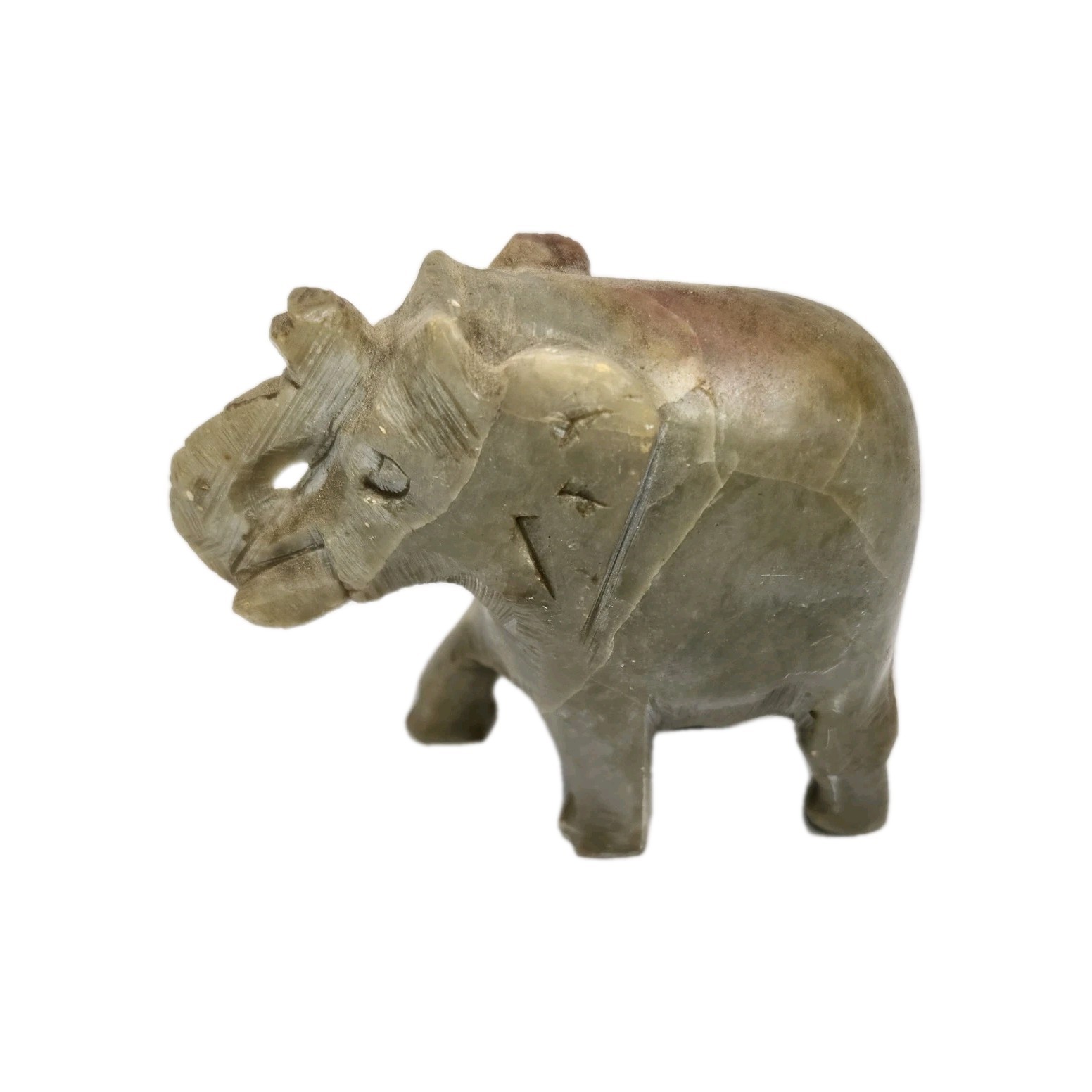 Small Hand Carved Stone Jade Elephant Vintage 2.75"x 3" Green Brown Trunk Up 