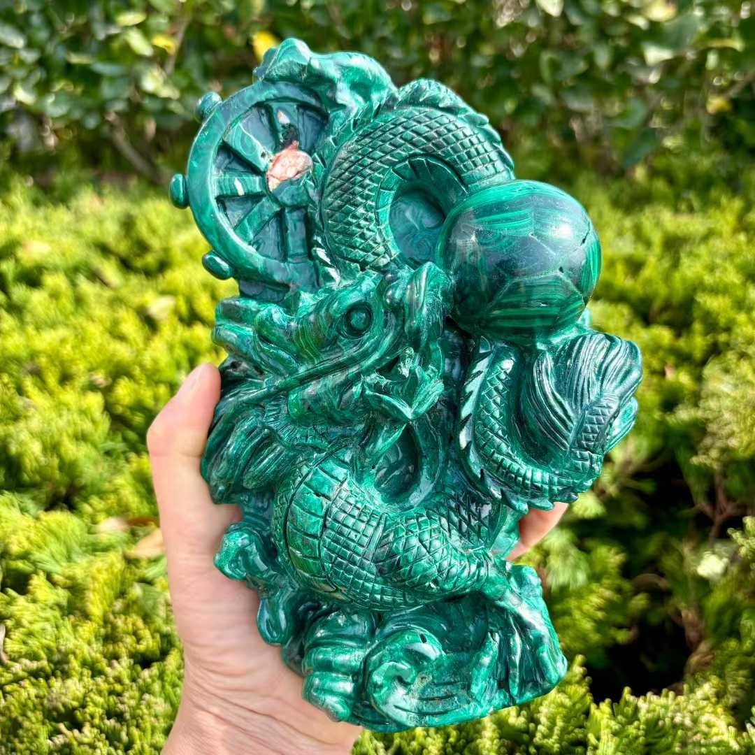 5.25LB Natural Malachite Quartz Carved Dragon Skull Crystal Reiki Decor+stand