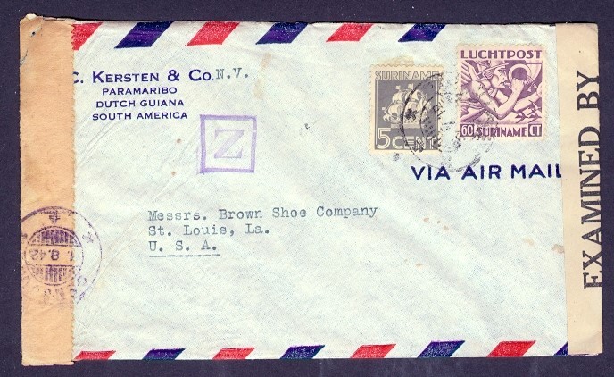 SURINAME 1942 DOUBLE CENSORED COMMERCIAL AIR TO USA