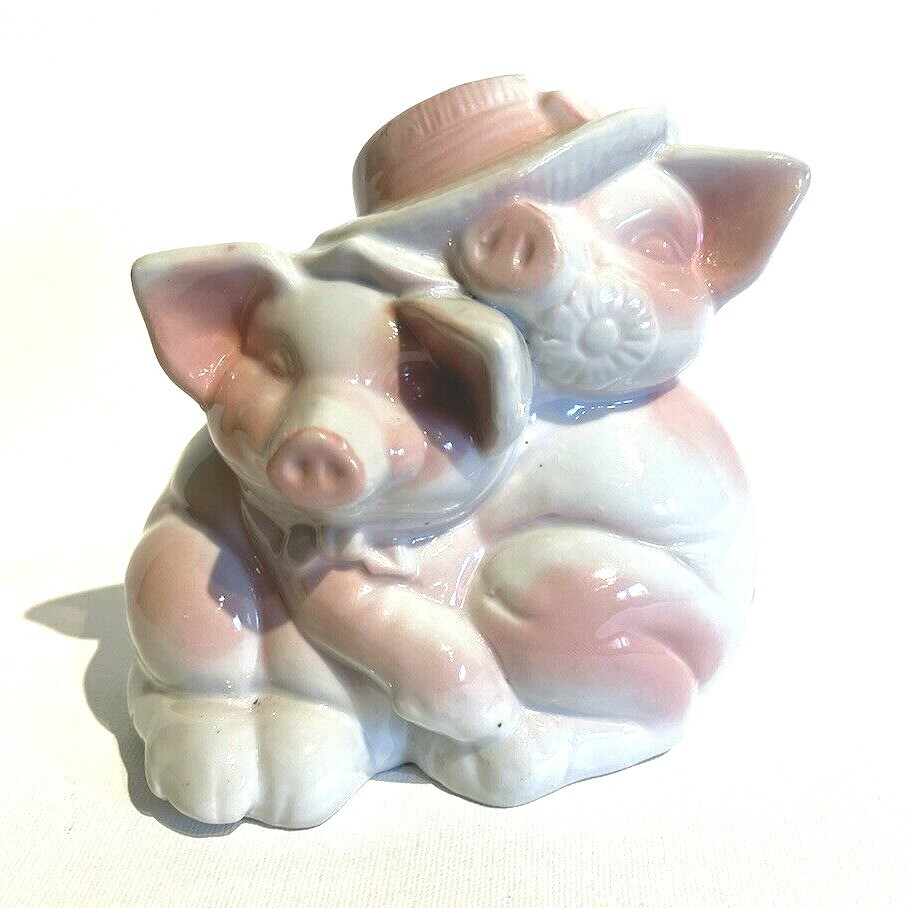 Vtg Anthromorphic Ceramic Pink Piggy Bank 2 Pigs Hat and Flower in Mouth