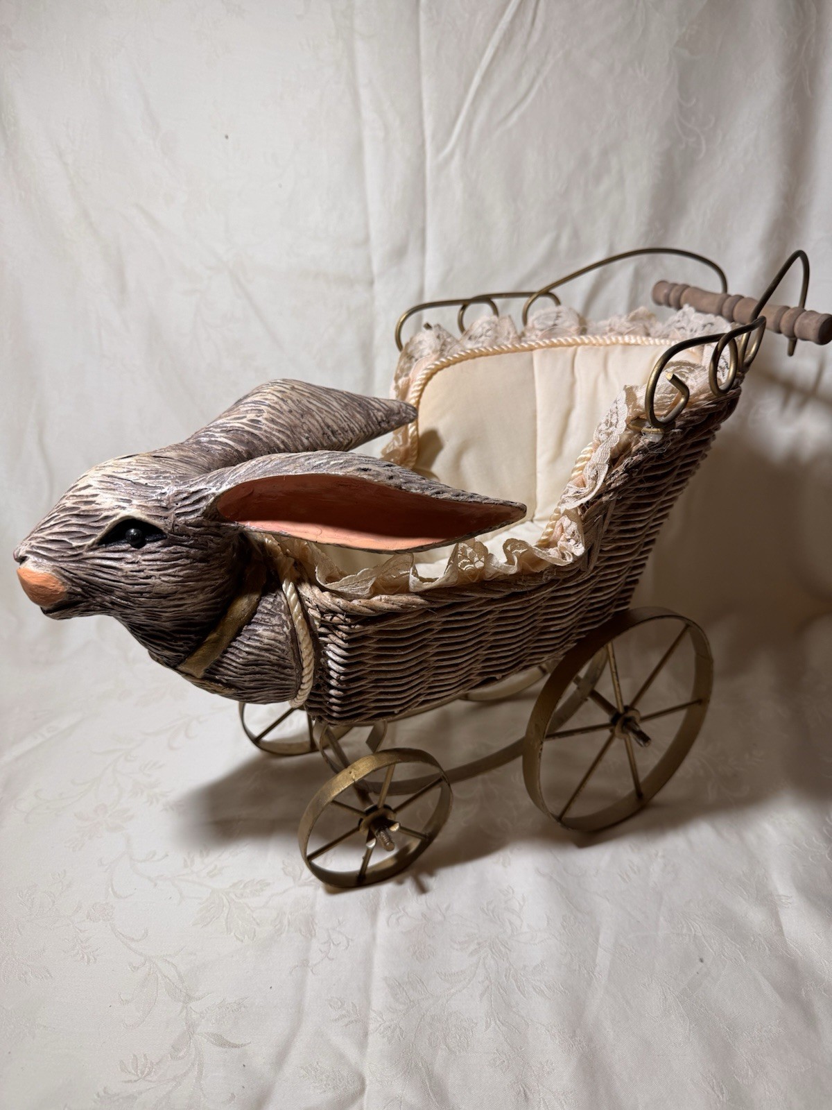 Antique Rabbit Bunny Head Wicker Baby Doll Carriage Art Piece Objects