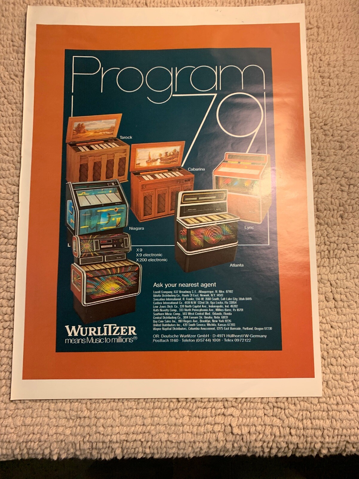 GIANT 13 1/4-9 7/8"  Program 79 Wurlitzer Jukebox      FLYER AD