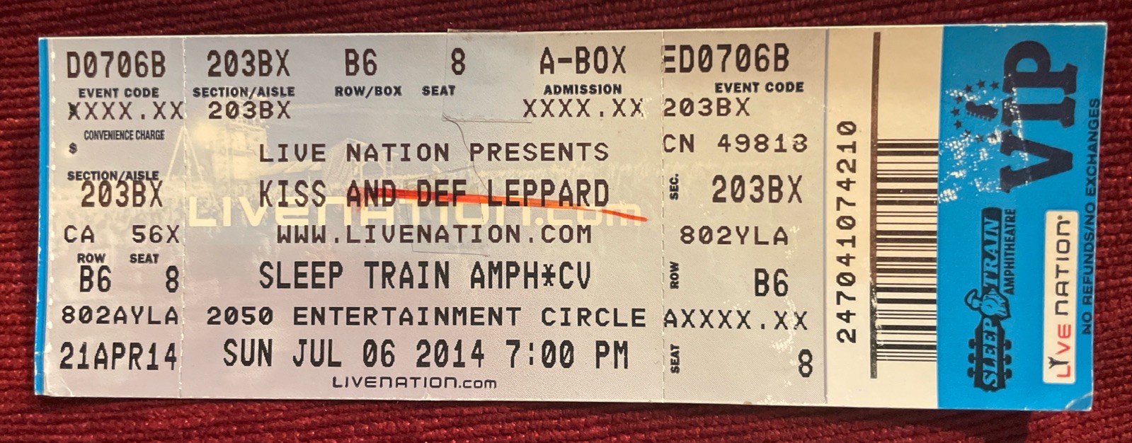 KISS 40th Anniv Tour, Def Leppard VIP Ticket Stub 2014 Chula Vista, CA 7/6/2014