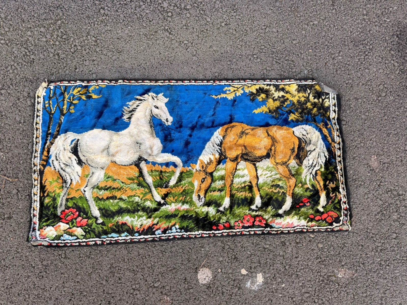 Vintage Velvet Tapestry Rug Wall Hanging Horses 37.5" x 19”