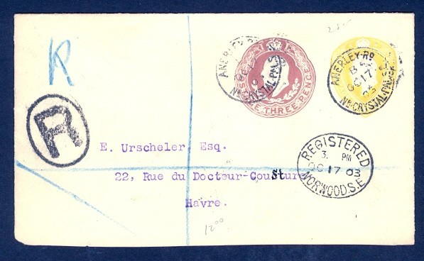 GREAT BRITAIN KGEDW 3P & 1½P 1903 REGISTERED PRIVATE STNY ENVELOPE TO FRANCE