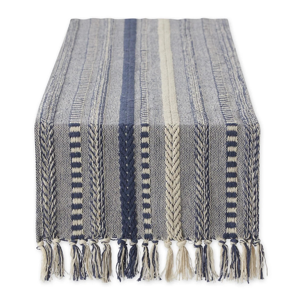 French Blue Woven Table Runner 15x108 Heavyweight Cotton with Fringed Edges