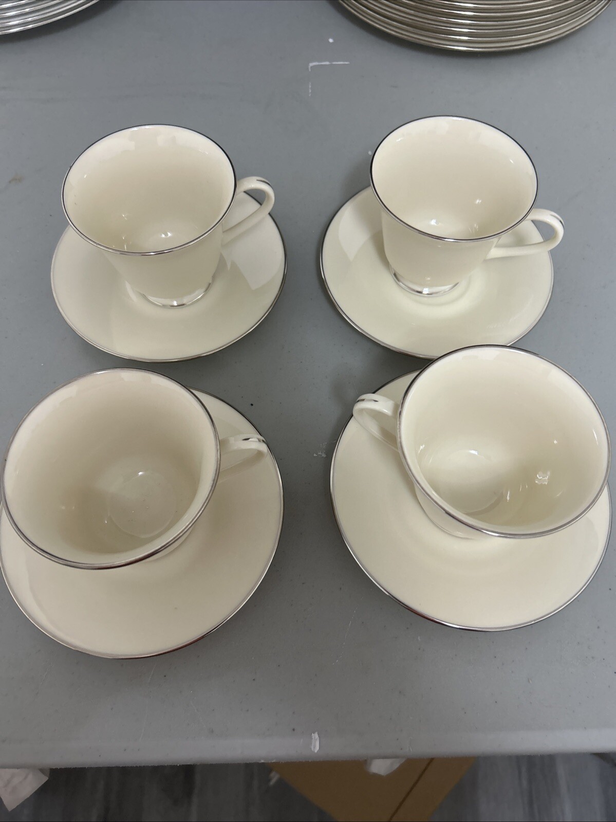 Set (4) Lenox Maywood Platinum Rim Footed Tea Cups & Saucers Excellent Condition
