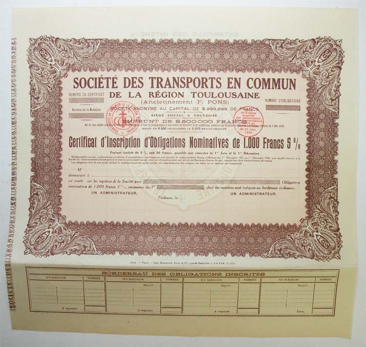 Certificate Of Shares: Company Of Public Transport In The Toulouse Region (765)