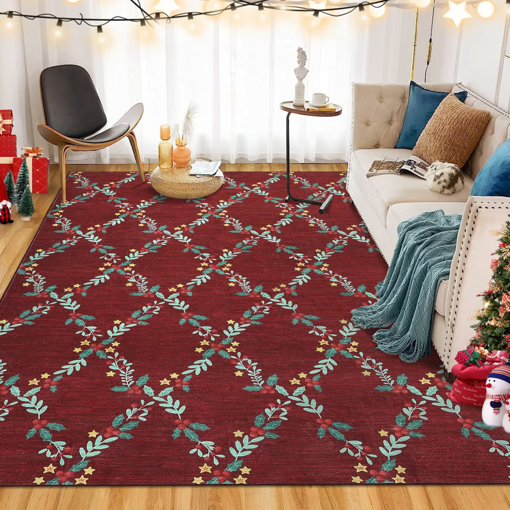 Nasitip Christmas Geometric Rug Soft Xmas Holly Branch Star Pattern Area Rugs