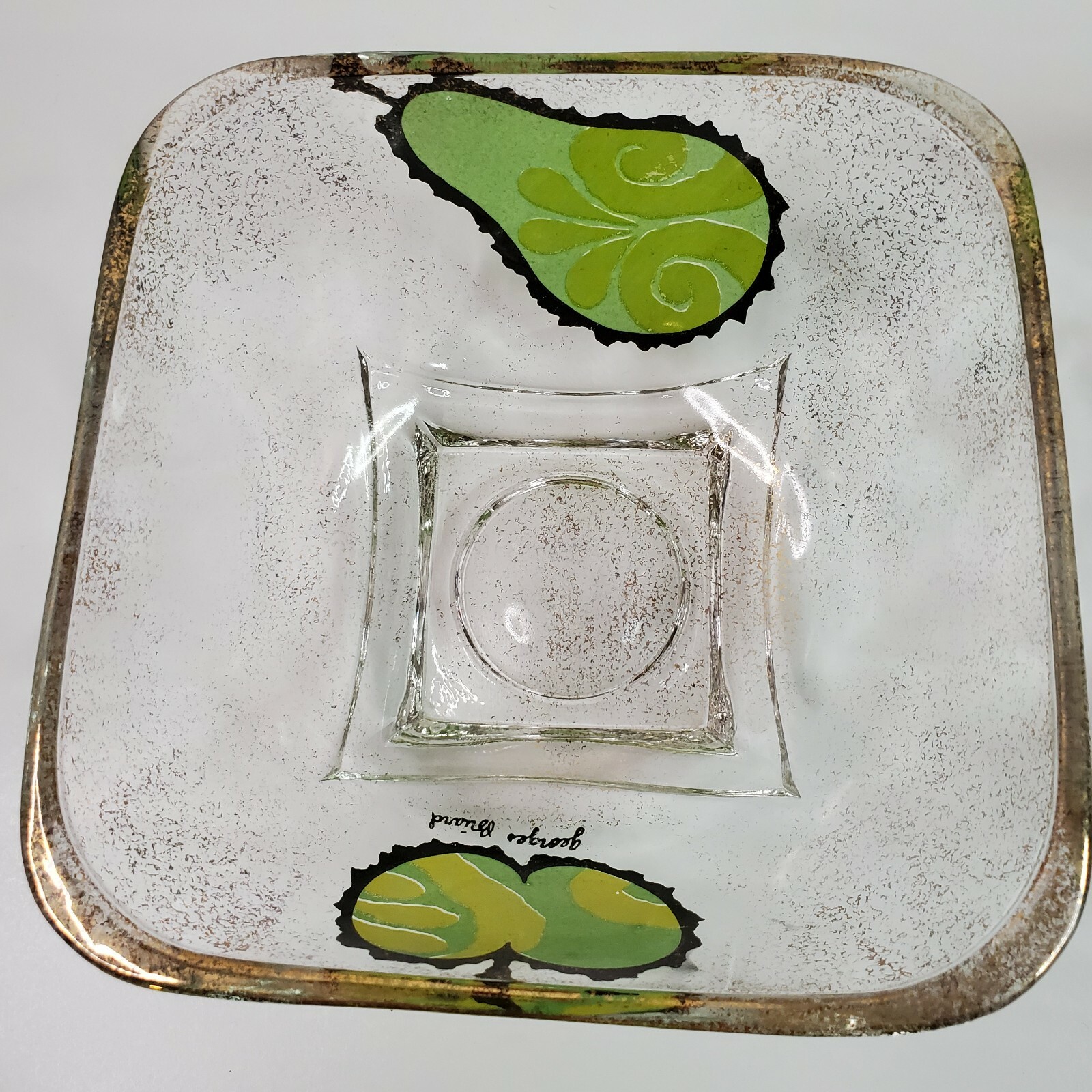 Vintage Lot of 2 Georges Briard Mid-Century Apple Pear 22K Square Glass Bowls 