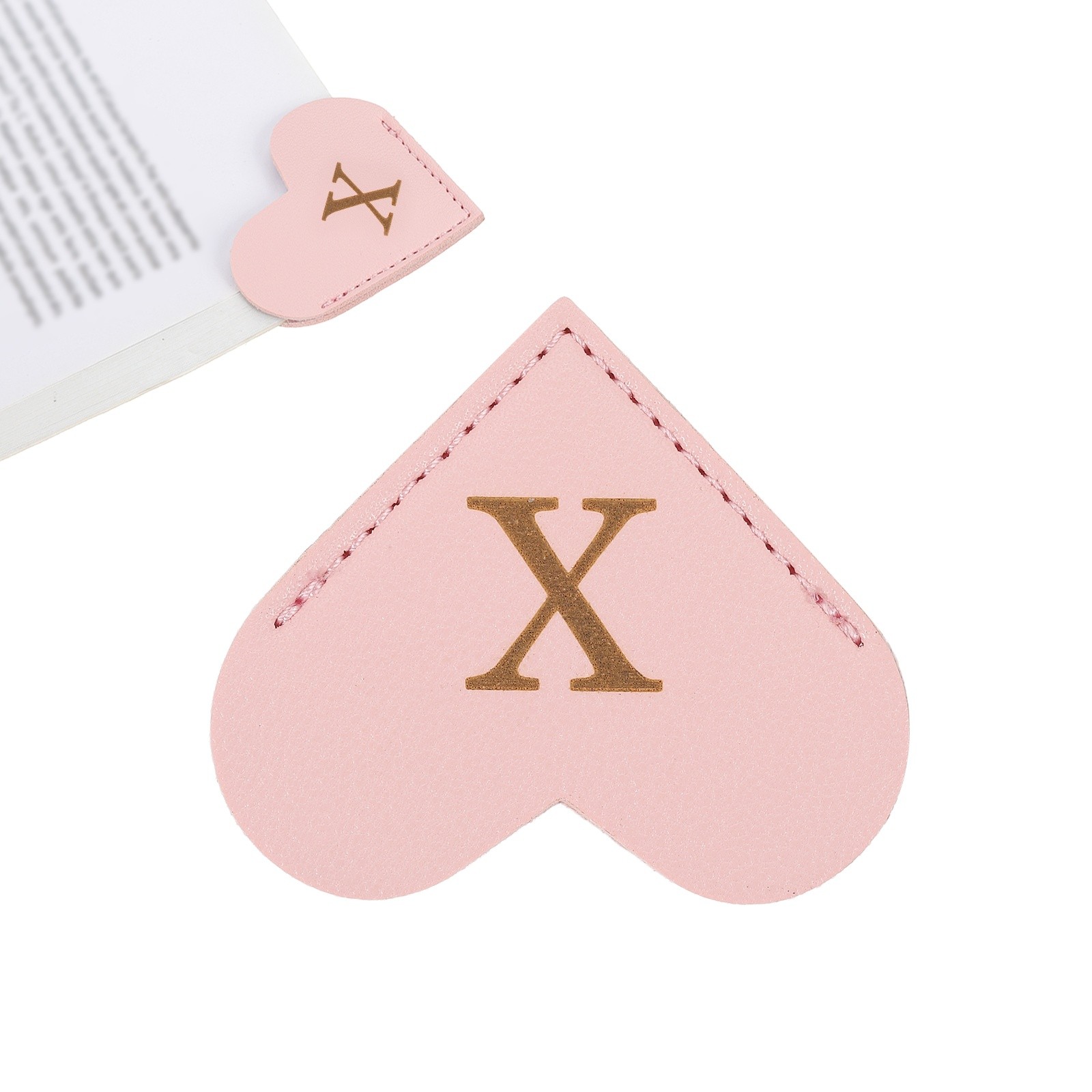 Initial X Corner Bookmarks,  Heart Shape Leather Book Marks Markers, Pink