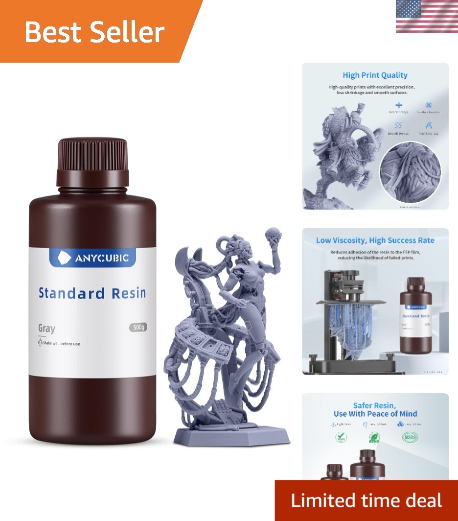 Reliable 3D Printing Resin, 500g Grey - Low Shrinkage and Toughness, 405nm