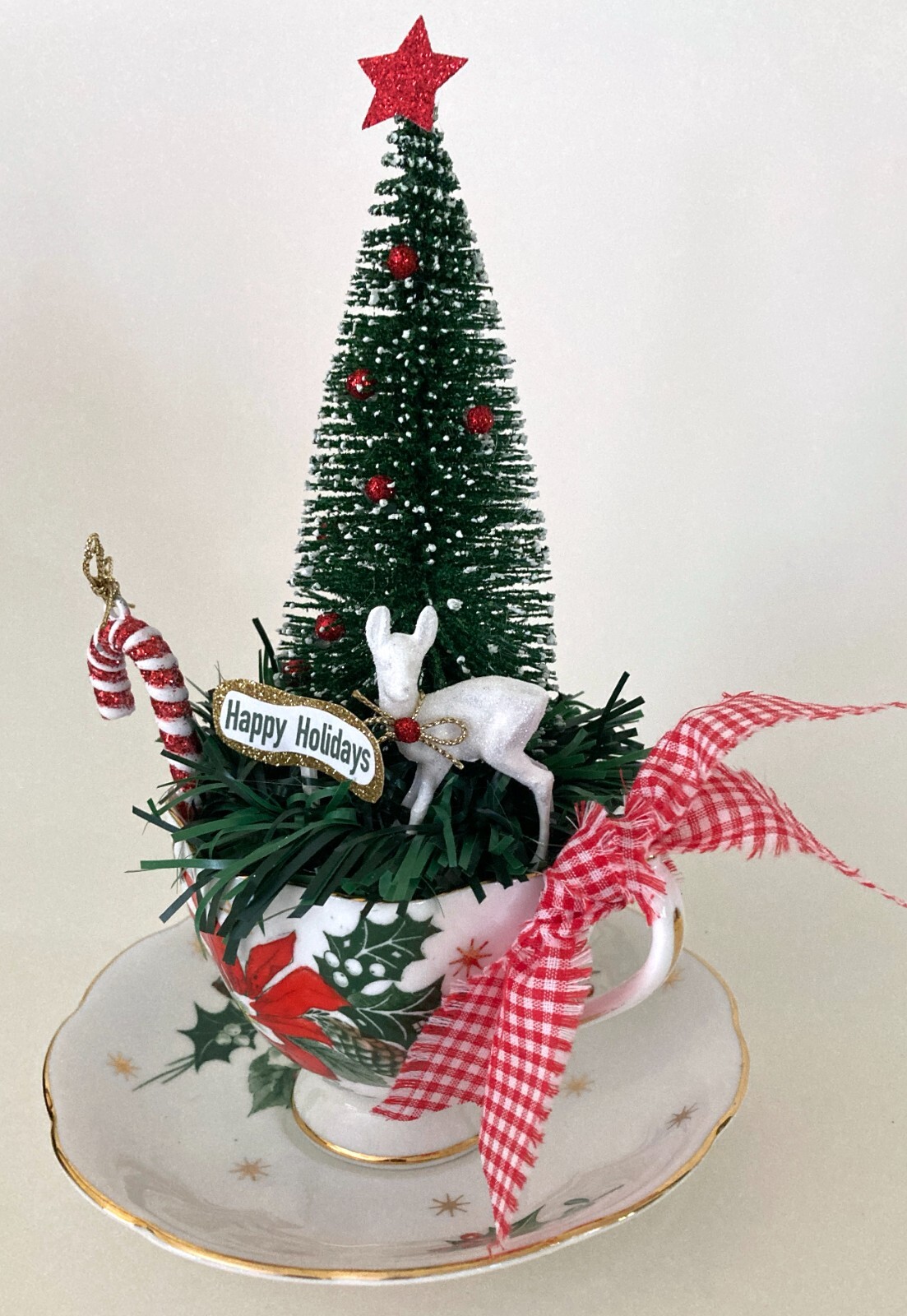 Vintage Tea Coffee Cup & Saucer Christmas Assemblage Arrangement Tree Reindeer