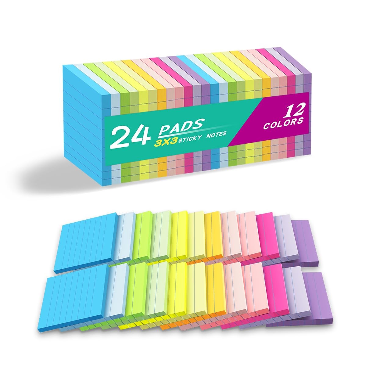 (24 Pack) Lined Sticky Notes 3x3 in,Notepads with 3X3 Inches, Multi Color 