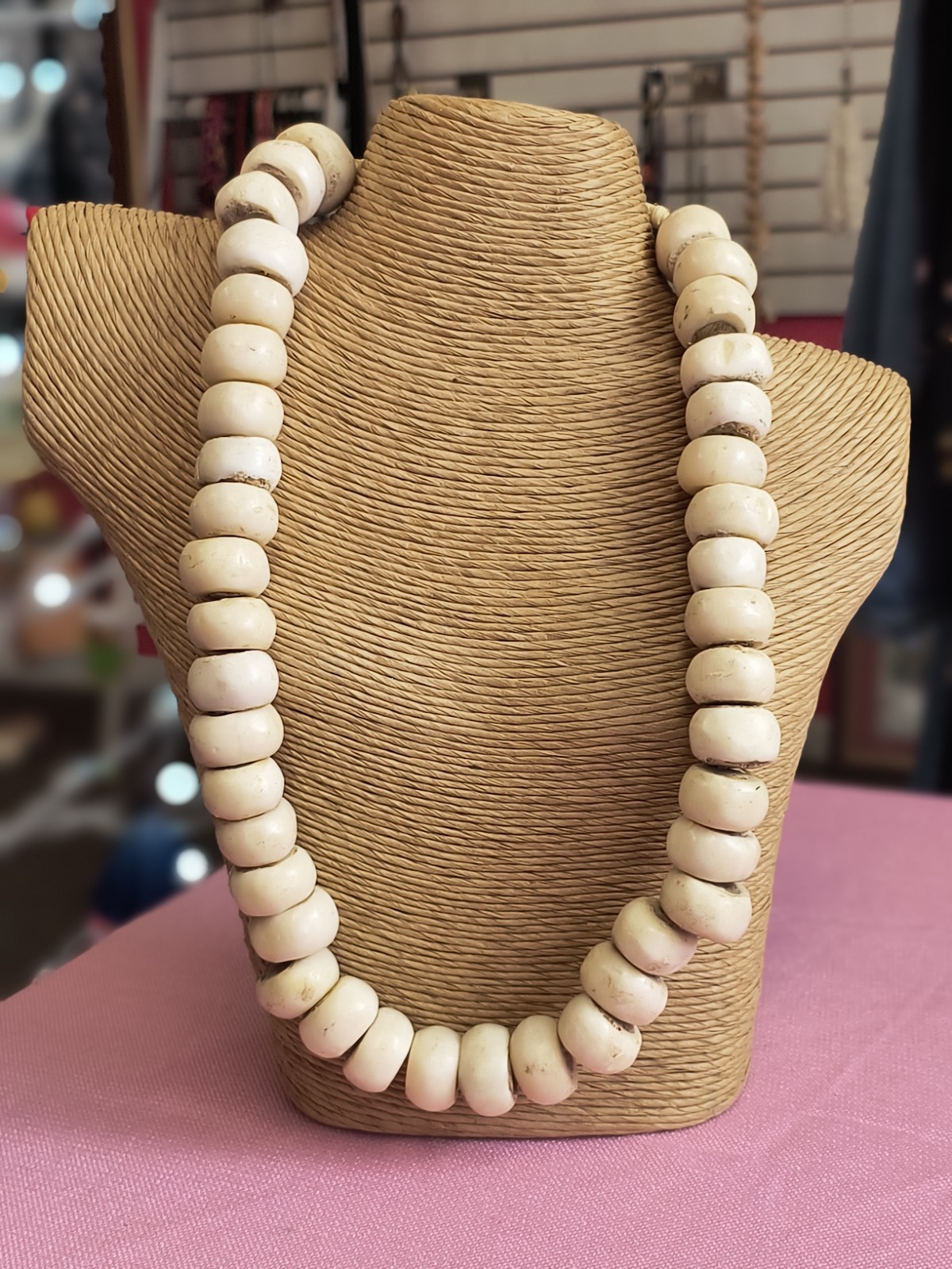 Vtg Cow Bovine Bone African Trade Bread Necklace Large Hand Carved