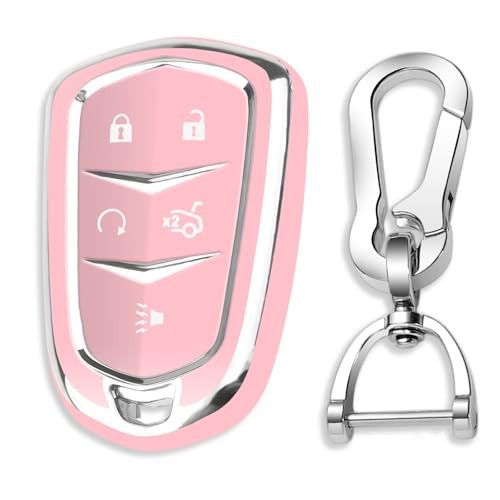 QBUC for Cadillac Key Fob Cover with Keychain Chrome Silver Trim Soft TPU Pink