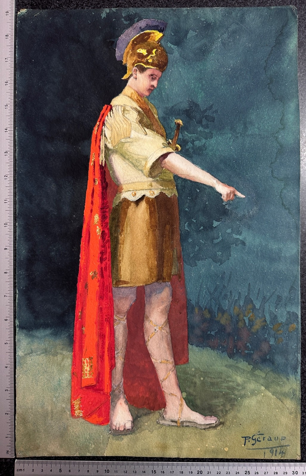 Ancienne Aquarelle Comédien portrait Homme Théâtre Centurion Romain antique