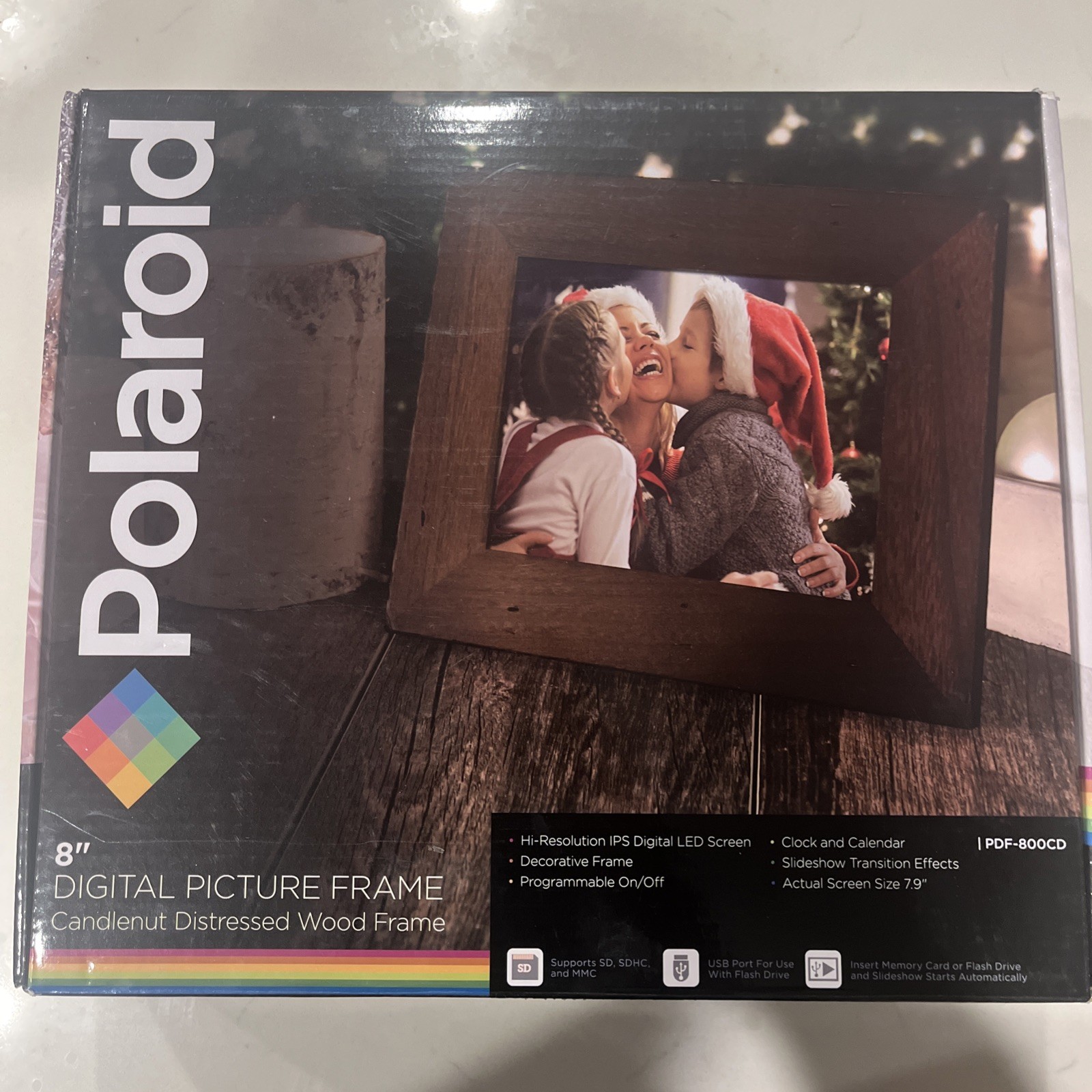 Polaroid 8" Digital Photo Frame Candlenut Distressed Wood Frame, PDF-800CD - NEW