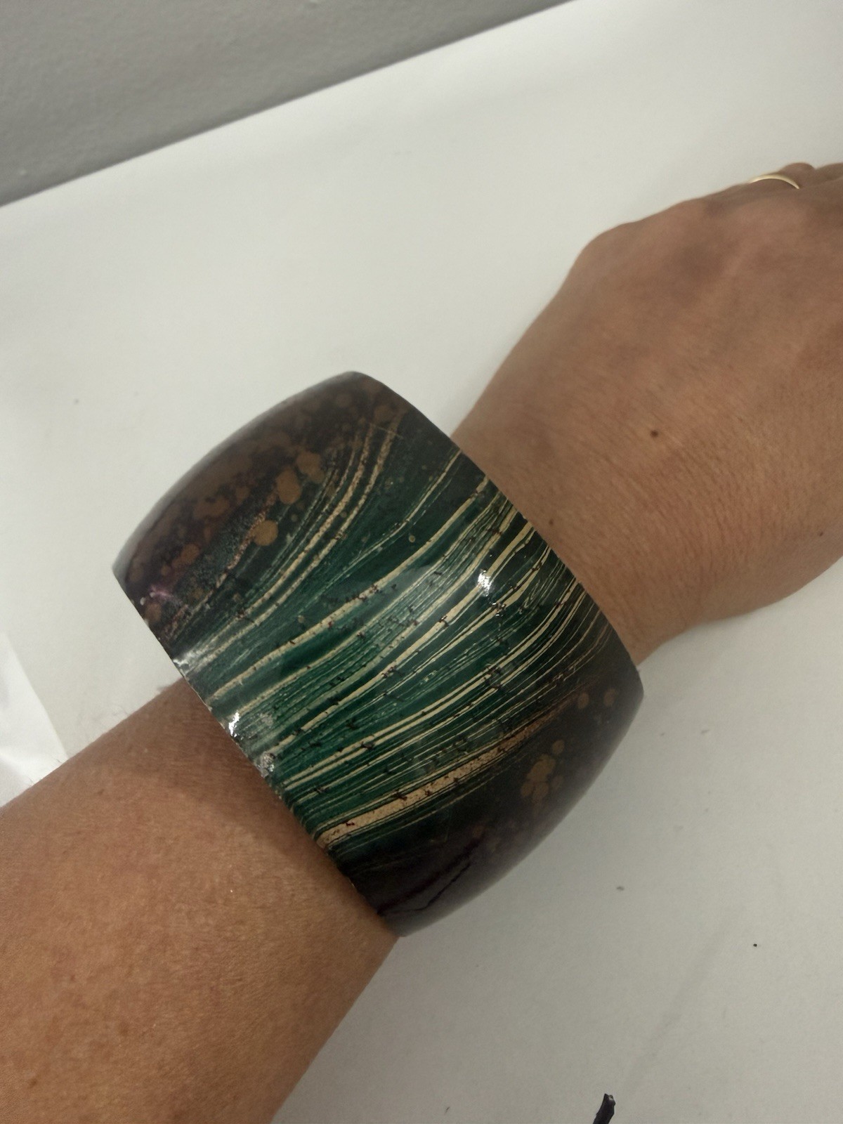 Bracelet Cuff Bangle Abstract Metal Enamel Wide Band Slip On Green Bronze Gold