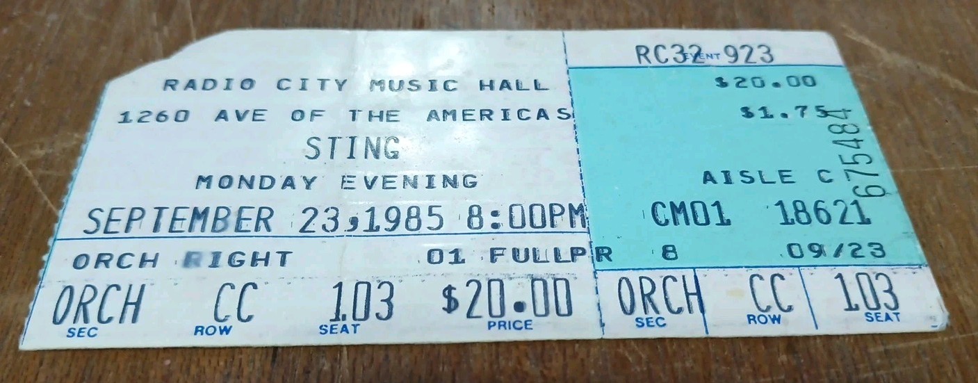 Sting ~ Radio City Music Hall September 23rd 1985 Concert Ticket Stub