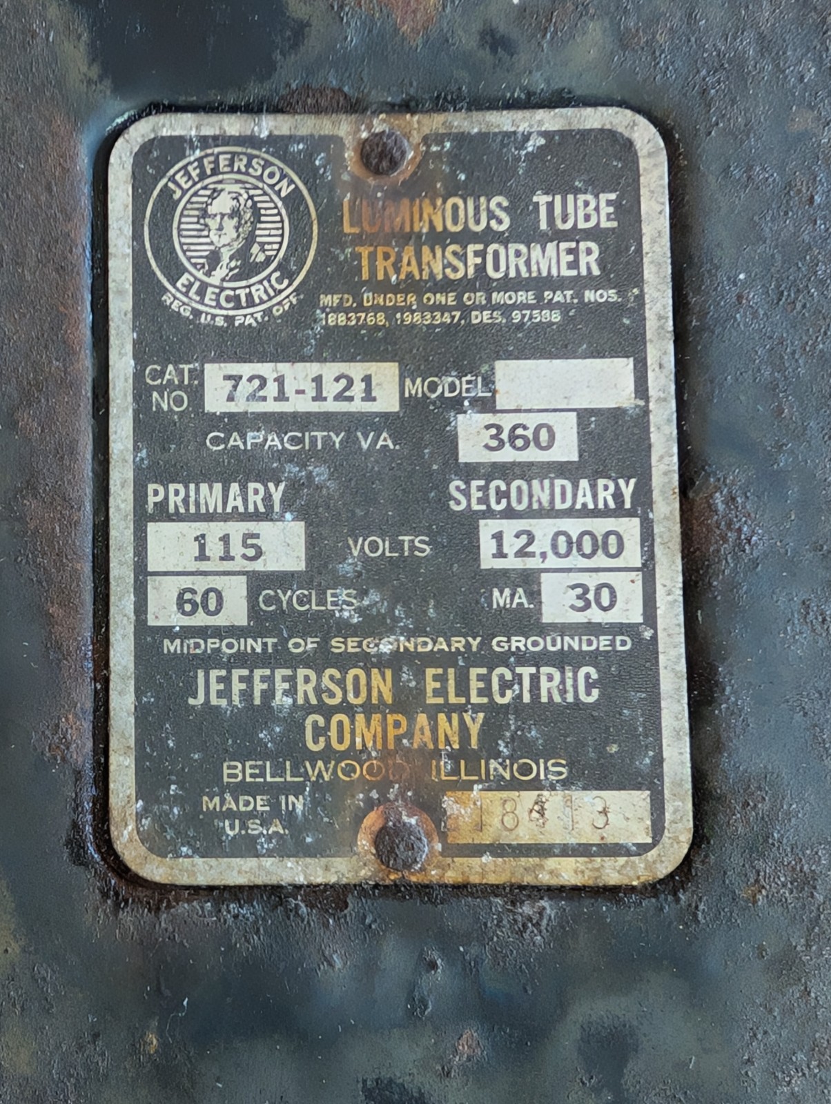 Vtg Jefferson Electric Co. 12,000 volts Neon Light Transformer Cat. No. 721-121