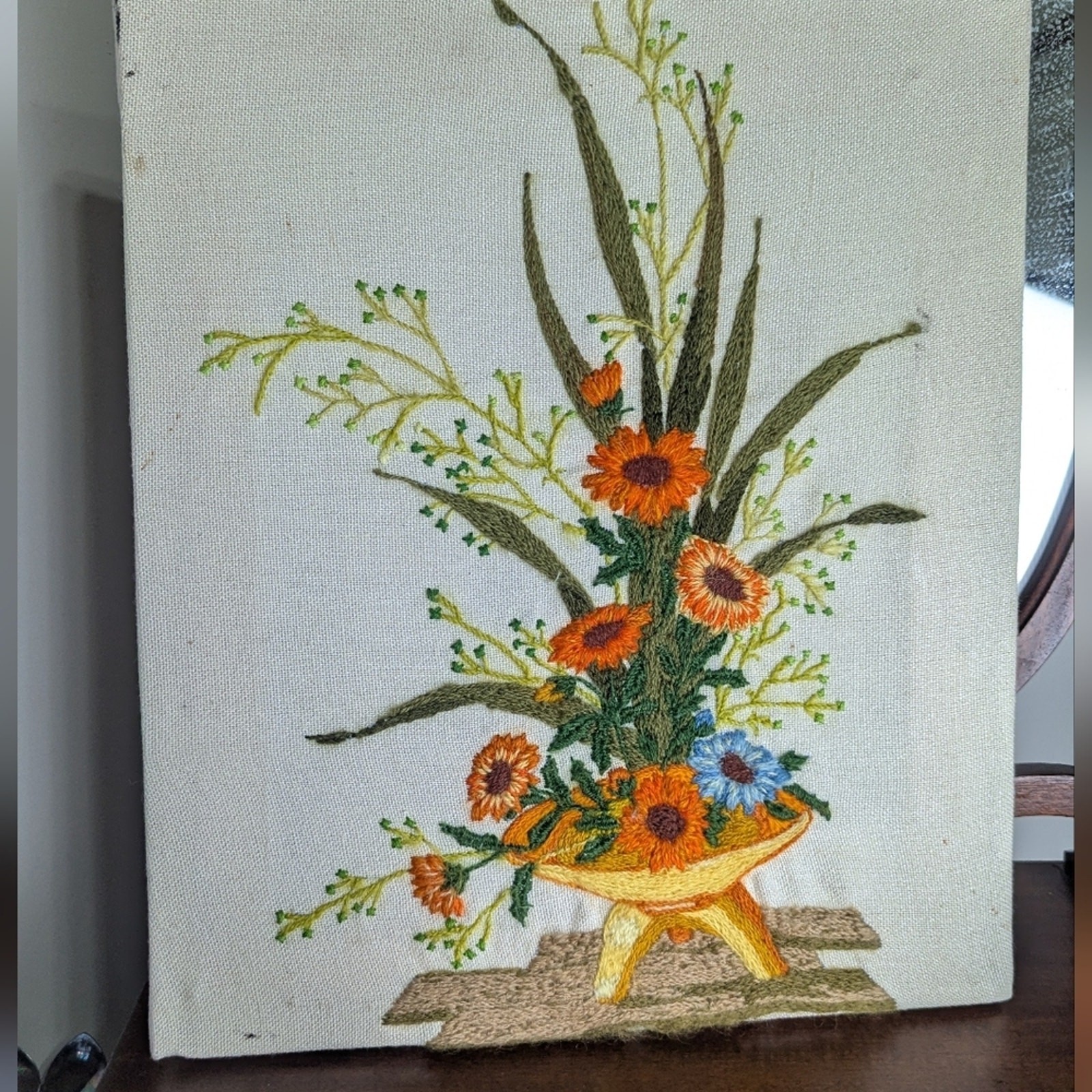 Vintage 70's Floral Crewel Embroidery Stretched on Bars Cottagecore Hippie Decor