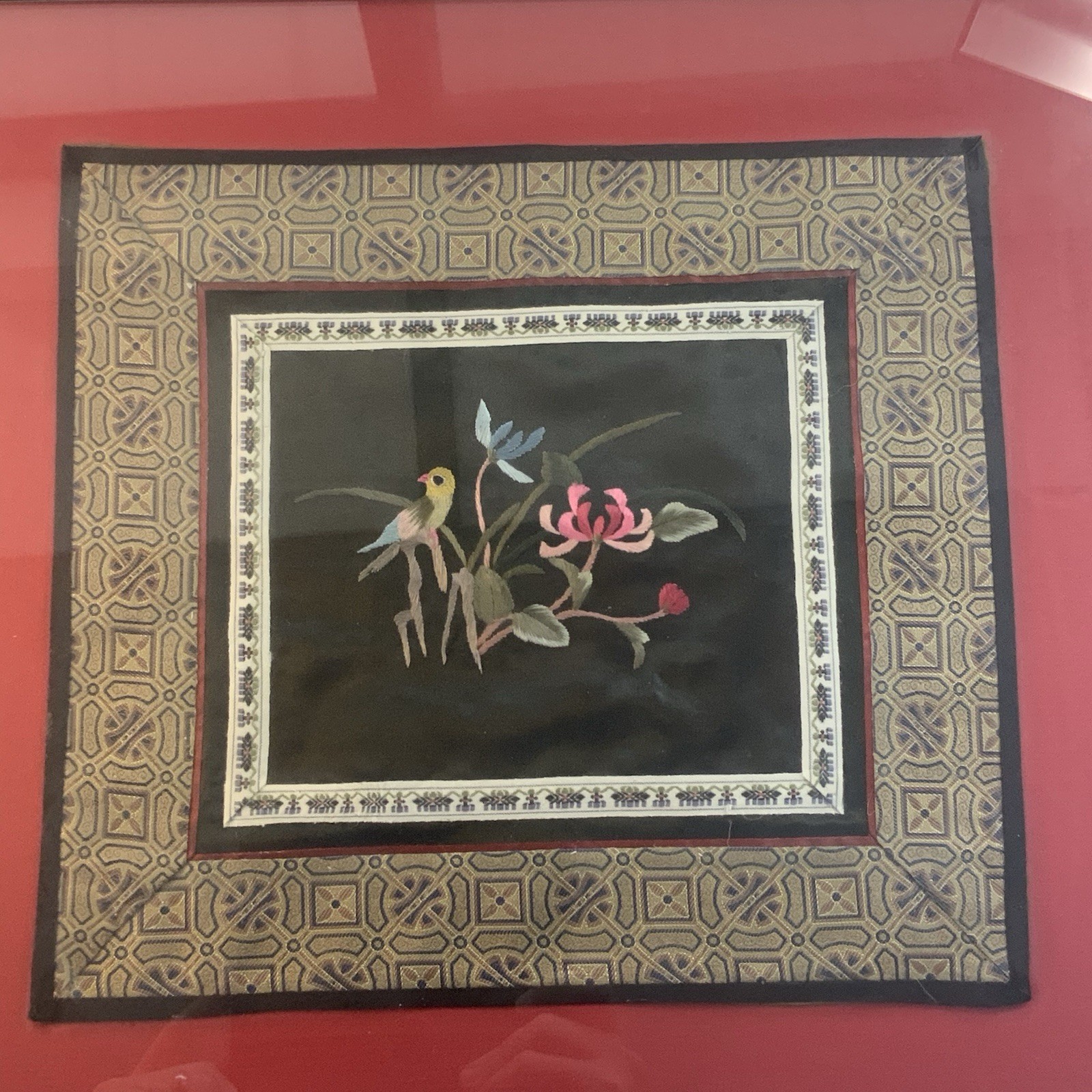 Pretty Vintage Framed Asian Embroidery Picture Flowers & Bird 16” X 17”