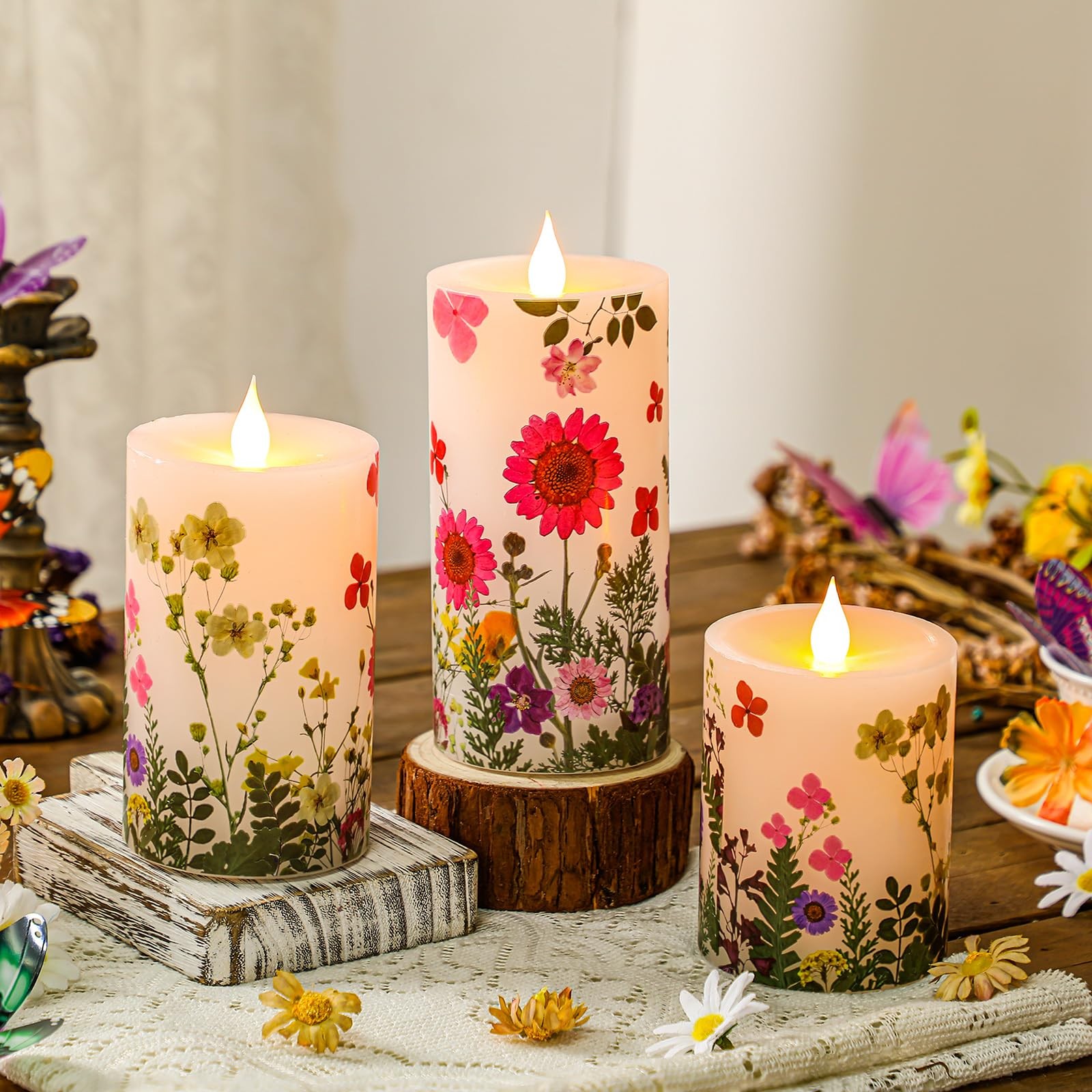 3Pcs FLower Pillar Candles Spring Flameless Candle LED Battery Operated Flickeri
