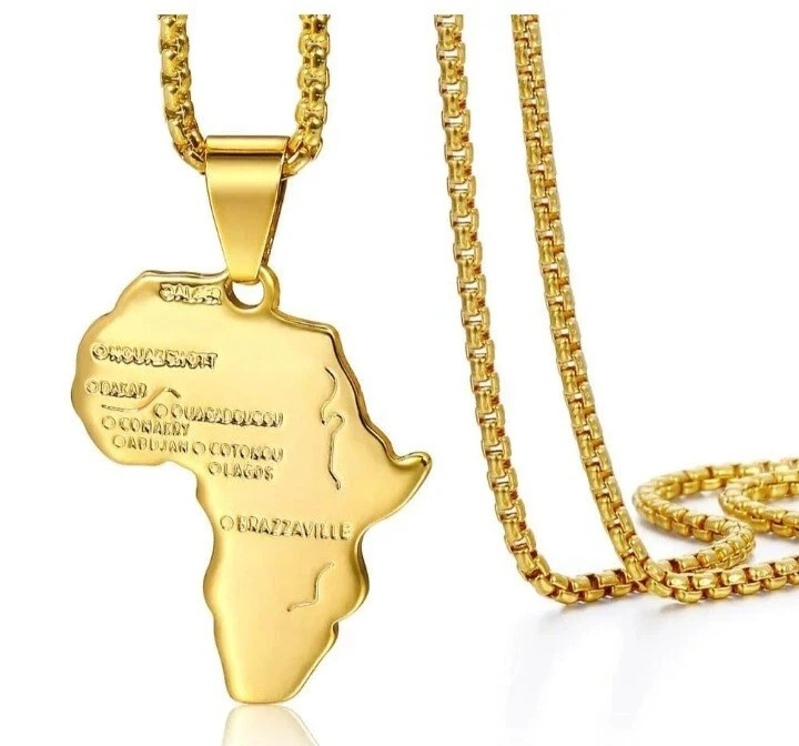 Gold Plated Stainless Steel Africa Continent Map Pendant Necklace Box Link Chain