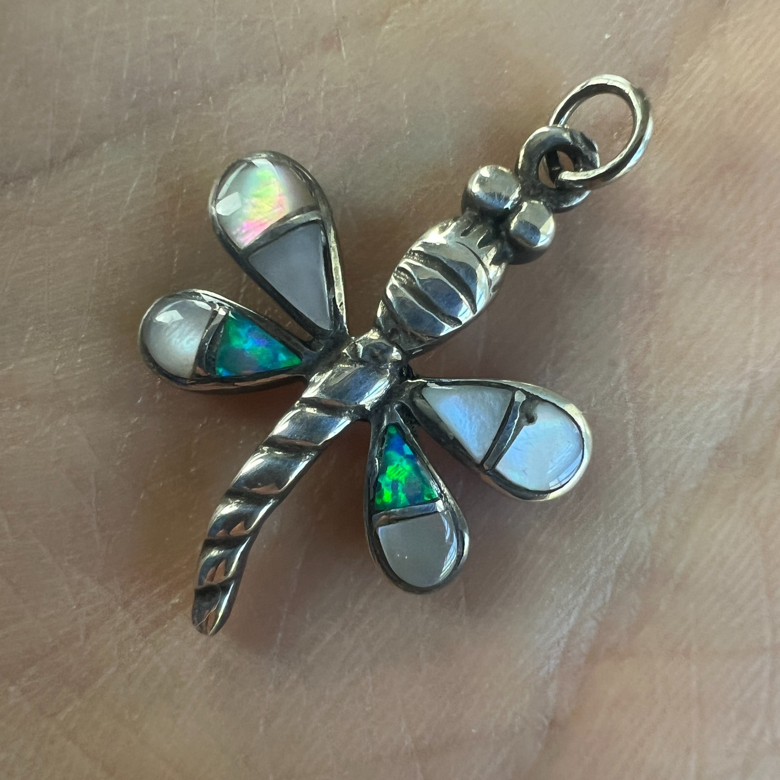 Sterling Silver Dragonfly Pendant Boulder Opal Mother Pearl Artisan Jewelry 925