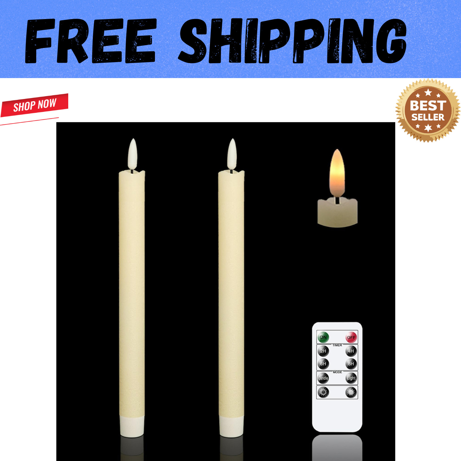 Set of 2, 8" Luminara Real Wax Flameless Taper Candles Moving Wick Ivory Weddin