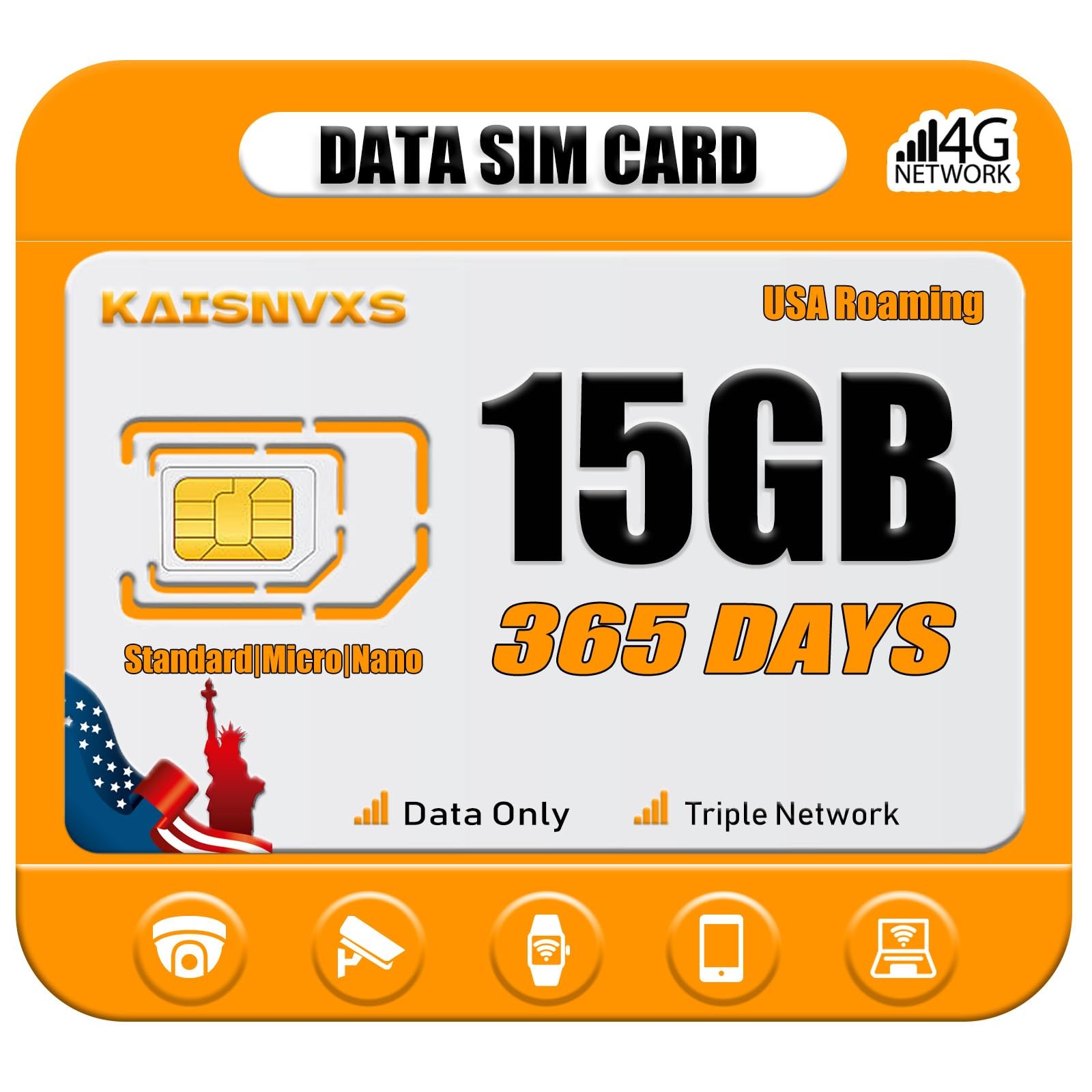 KAISNVXS 4G LTE Cellular Data SIM Card for 365 Days 15GB Compatible with USA... 