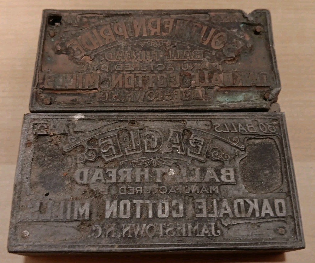 2 Vintage Antique Oakdale Cotton Mills Jamestown NC Thread Printing Blocks