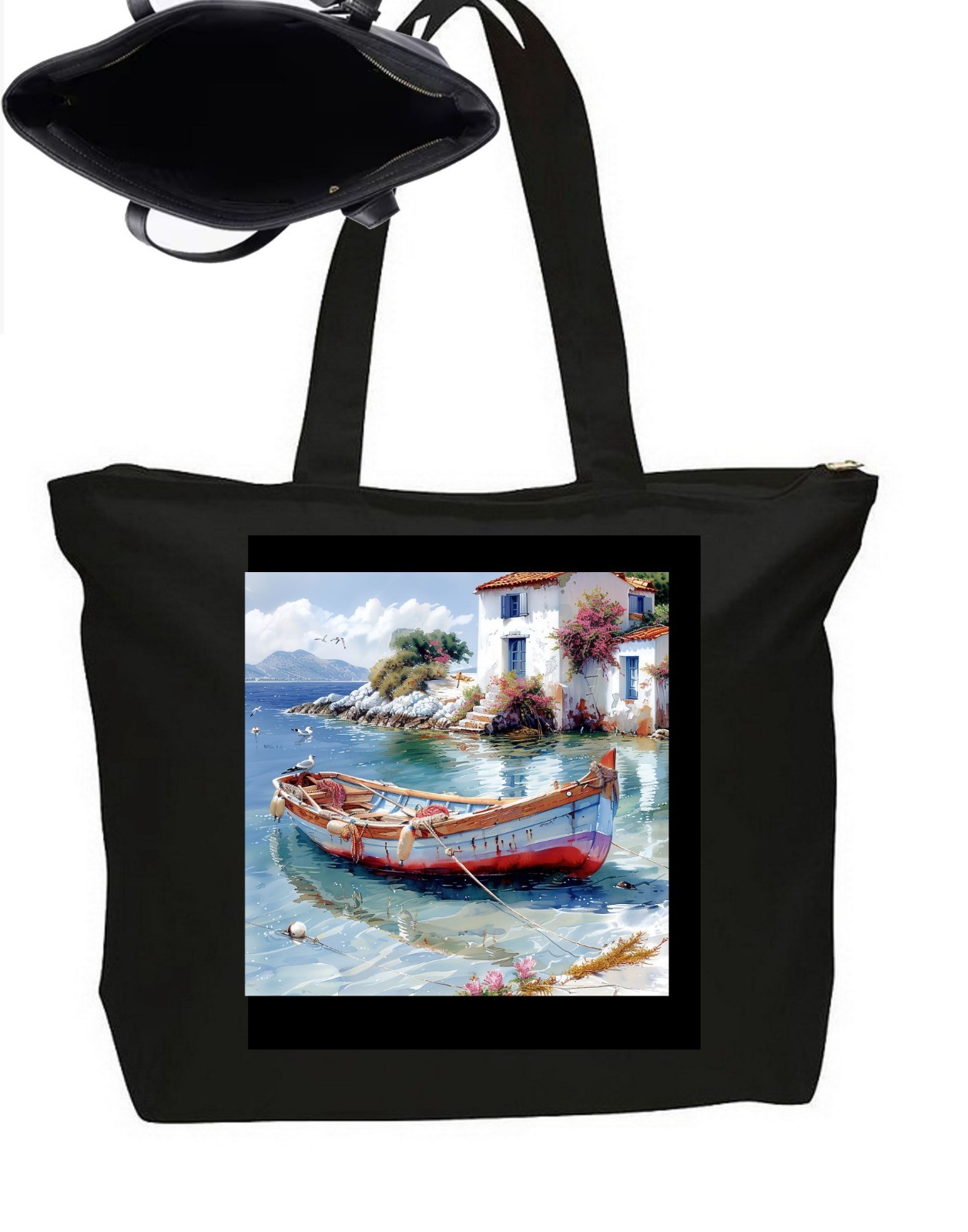 Seaside Ocean Greece Santorini Tote Bag   Zipper Closure Travel Poster Art 20"