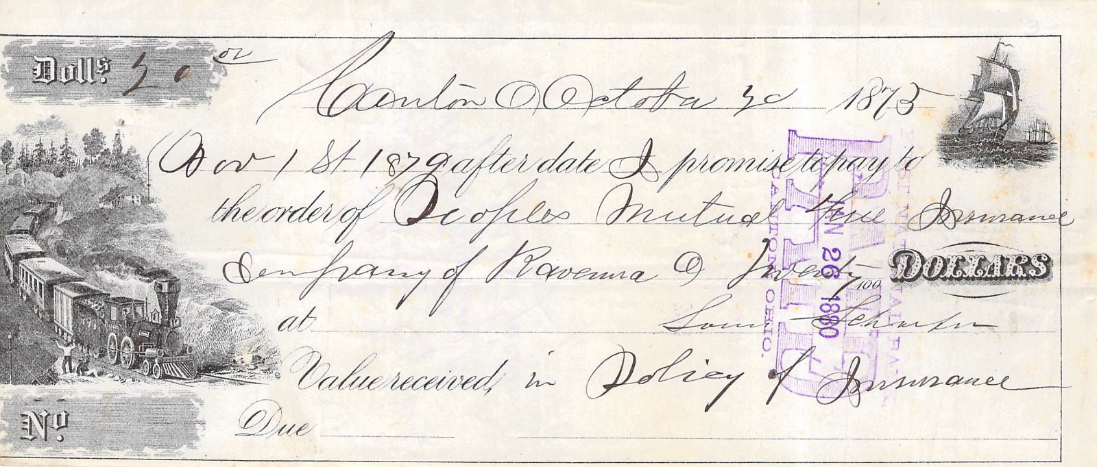 1875 CANTON OHIO LOCOMOTIVE RAILROAD  BANK CHECK DRAFT RECEIPT