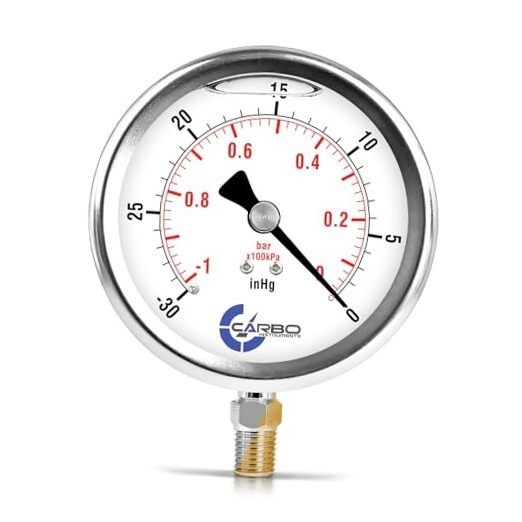 Pressure Gauge, Stainless Steel Case, Chrome Plated Brass 4" -30 inHg