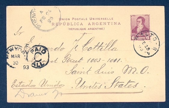 ARGENTINA 1893 6c POSTAL CARD TO USA