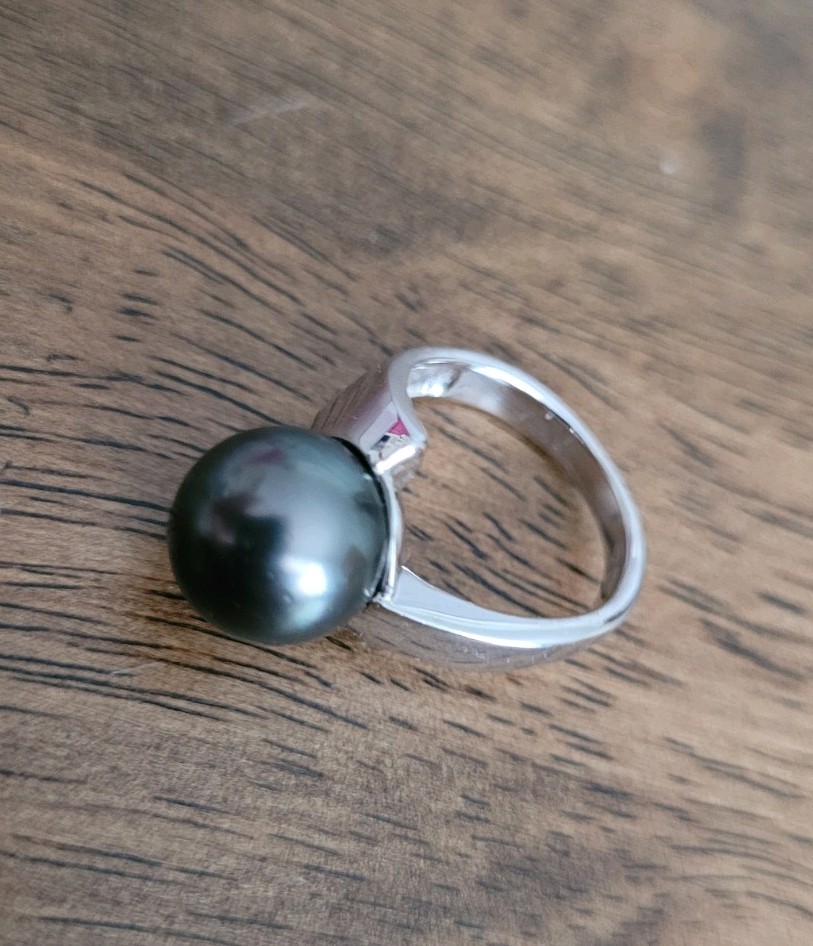 11mm Cultured Tahitian Pearl Rhodium Over Sterling Silver Ring Size 6