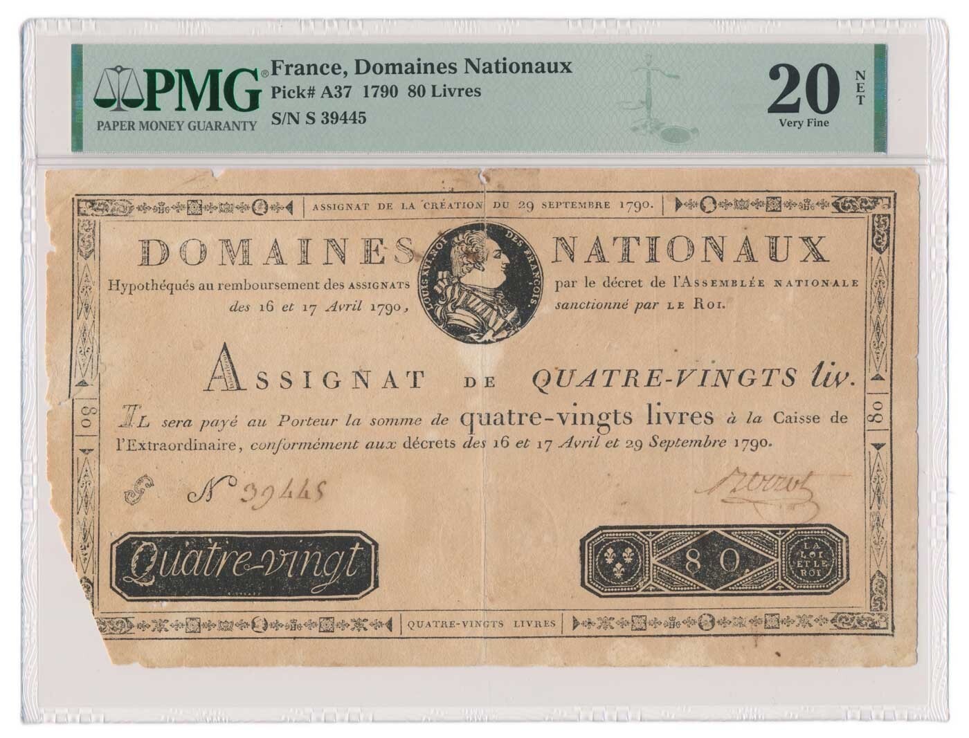 FRANCE banknote 80 Francs 29.9.1790 PMG VF 20 Very Fine