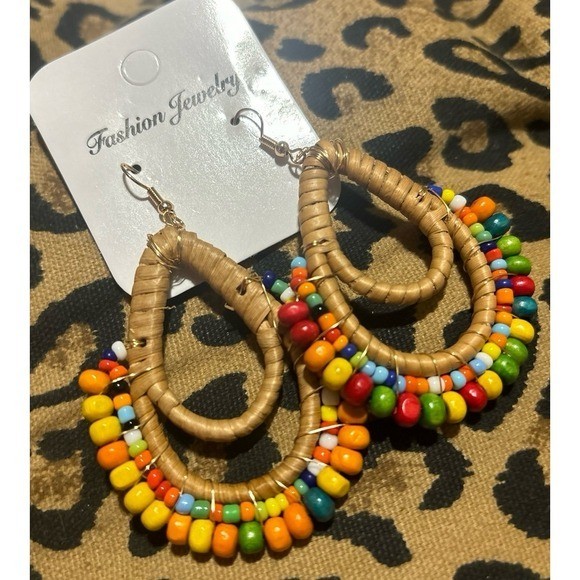NEW Multicolored & Natural Rattan Beaded Double Teardrop Dangle Earrings
