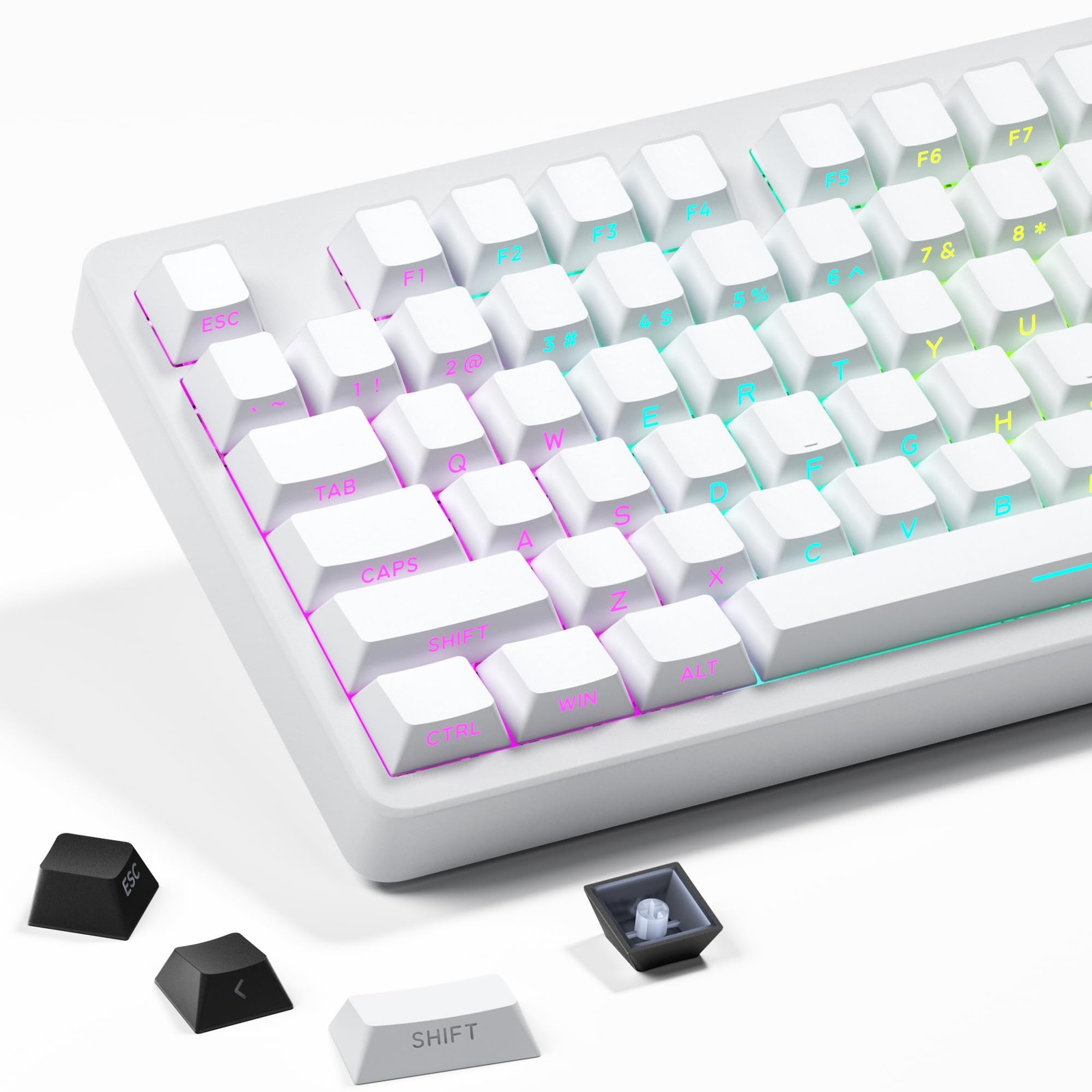 132 White Keycaps, Side Print PBT, Double Shot Shine Through, Cherry Profile