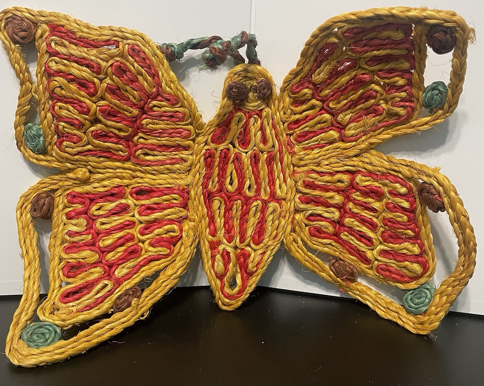 Vintage 1970s Woven Straw Butterfly Wall Hanging Boho Retro Rope Wall Art Decor