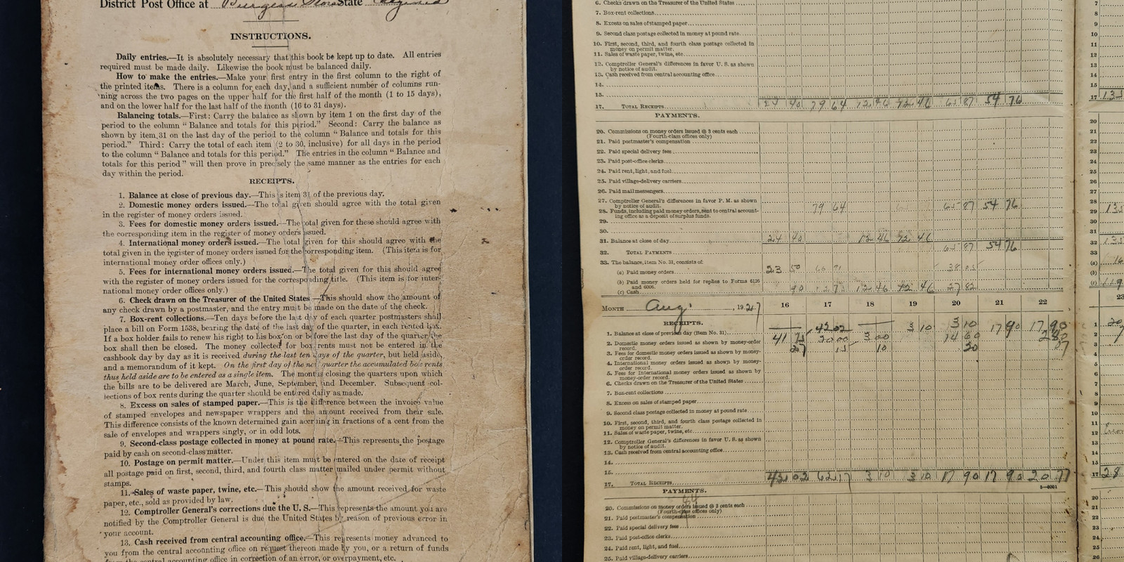 1927-30 antique DISTRICT POST OFFICE LEDGER burgess store va payments receipts