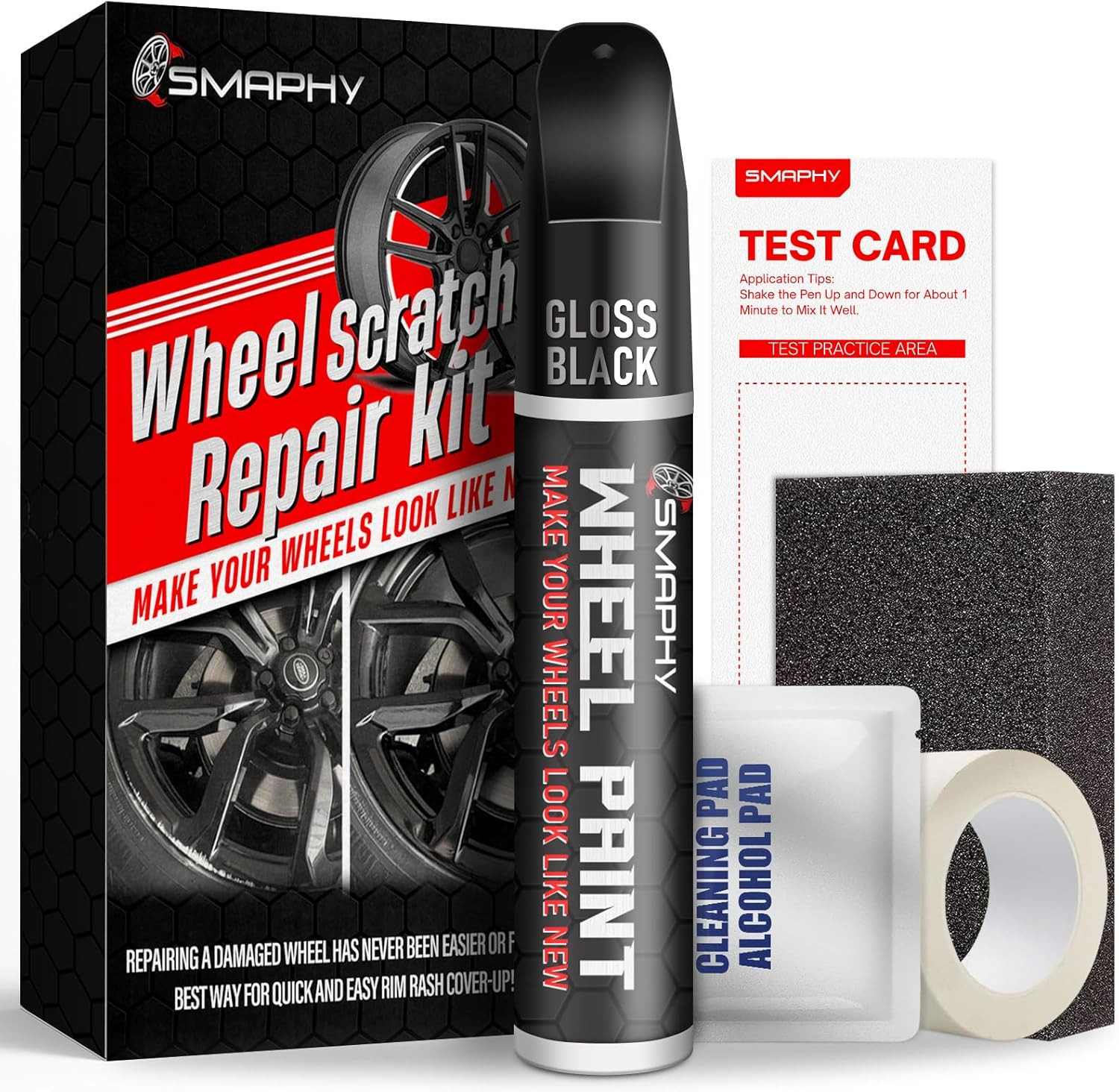 Wheel Scratch Repair Kit, Gloss Black Rim Touch Up Paint, Repair Curb Rash, Scra
