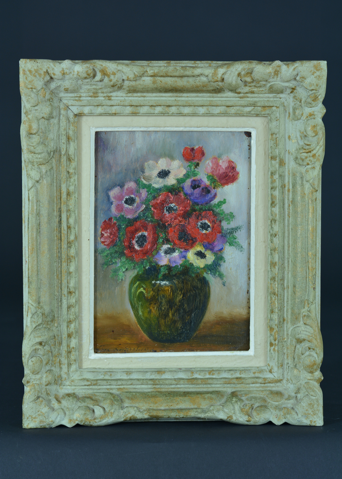 Painting Antique Still Life Bouquet Poppy Flowers Vera Landchevsky Russian