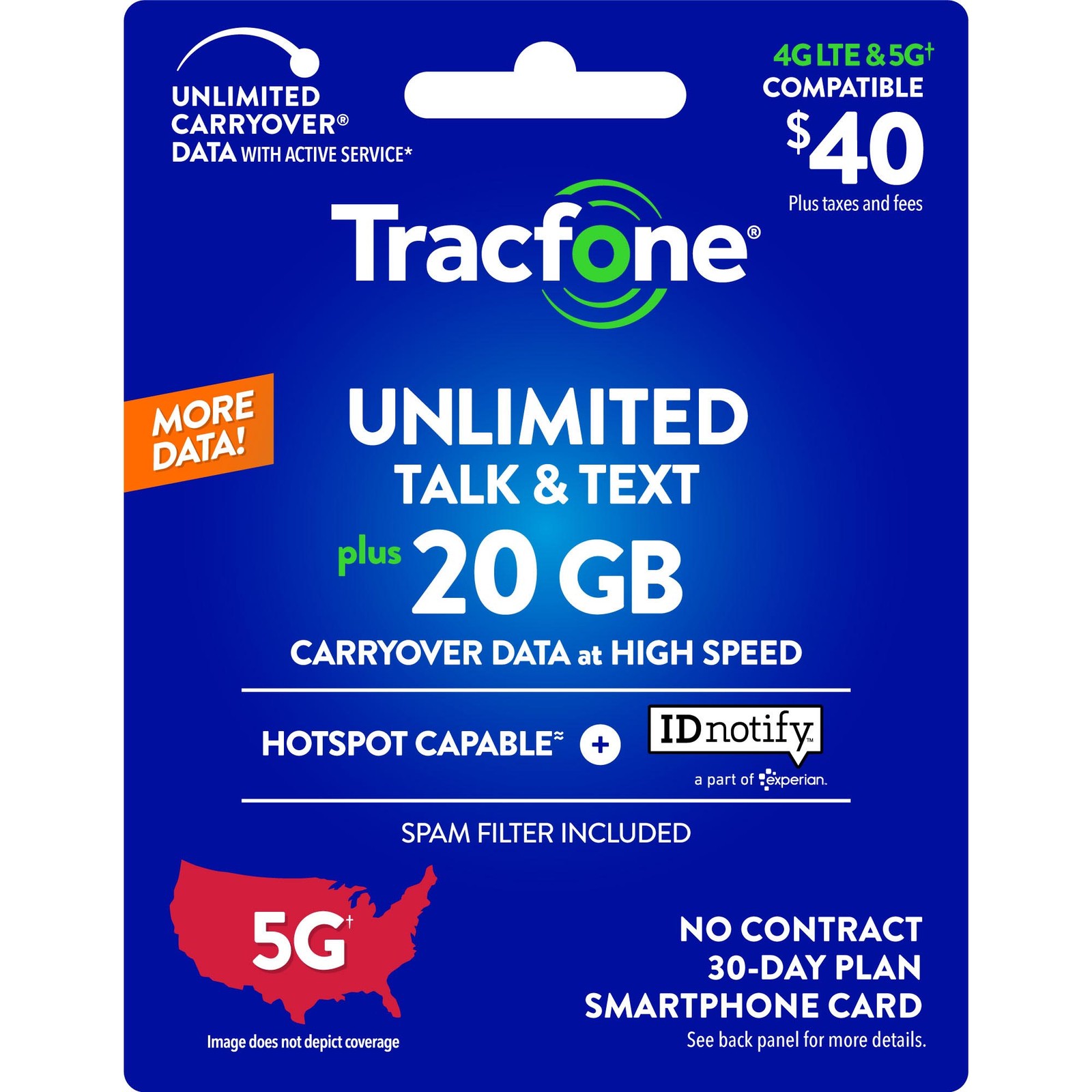 Tracfone $40 Unlimited Talk & Text, 20 GB of Data / 30 Days (Physical Card)